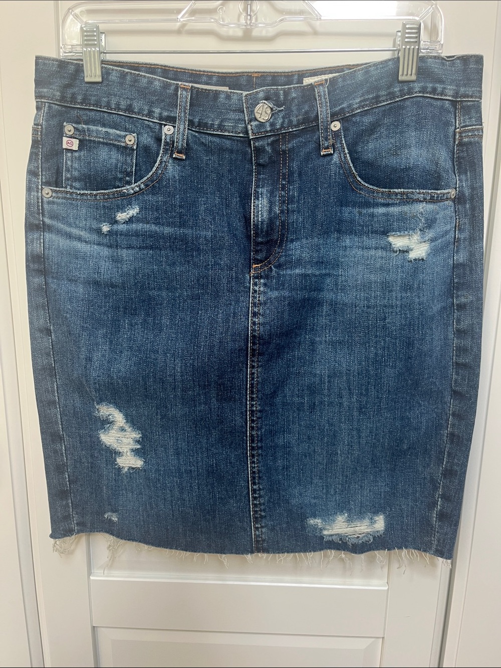 AG Adriano Goldschmied Distressed Dark Blue Denim Mini Skirt
